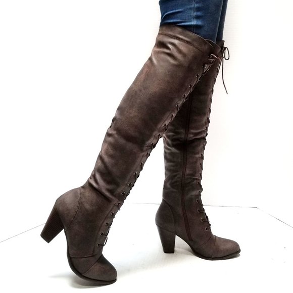 New Brown Over Knee Combat Lace Up Heel Boots - Picture 5 of 5